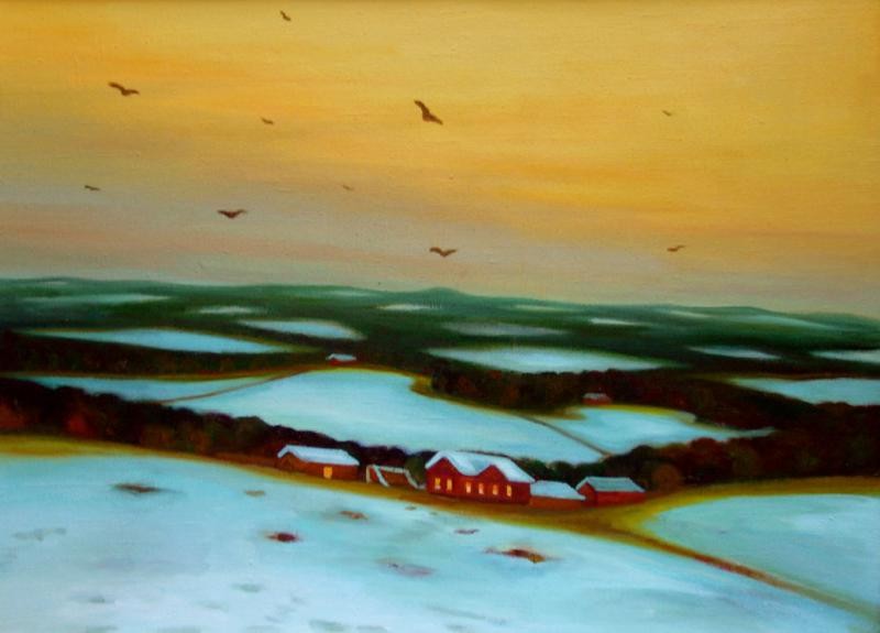 Ptáci nad Středohořím,2009, 73 × 100 cm, olej na plátně