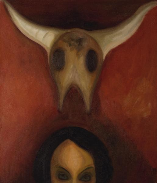 Dívka s lebkou, 2004, 92 × 70 cm, olej na plátně