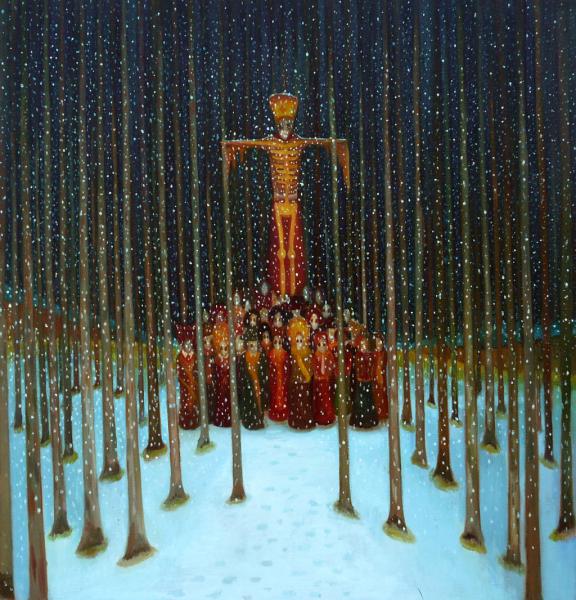 Průvod s koslivcem, 2009, 118 × 123 cm, olej na plátně