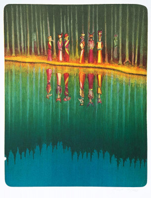 Maškary u vody, 2012, 48 x 39 cm, litografie