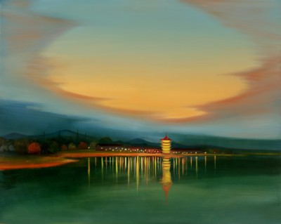 Krajina s pagodou,120 x 150 cm, olej na plátně