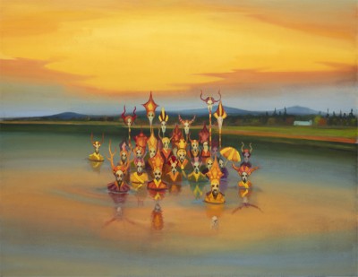 Masky ve vodě, 2025, 115 x 150 cm, olej na plátně