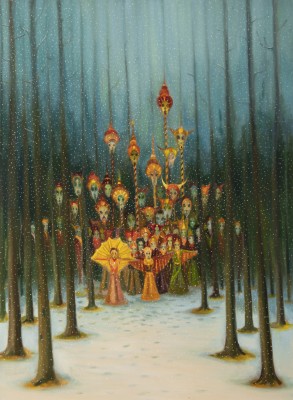 Maškary v lese, 2021, 170 x 125 cm, olej na plátně